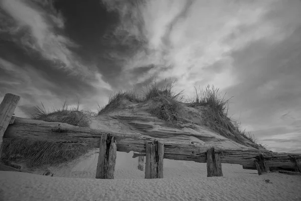 Zandduinen Oude Houten Hekken Tegen Een Bewolkte Hemel — Stockfoto