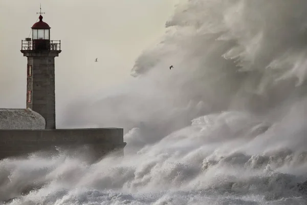 大きな嵐の海のクラッシュの波 ドウロ川口の古い灯台 ポルト ポルトガル — ストック写真