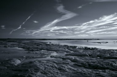 Uzun pozlama deniz manzarası. Düşük gelgit sırasında Kuzey Portekiz kıyısında kayalık plaj. Geç akşam ışığı. Siyah ve beyaz mavi tonda.