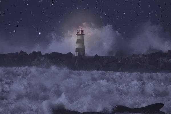 Balise lumineuse dans une mer orageuse la nuit — Photo