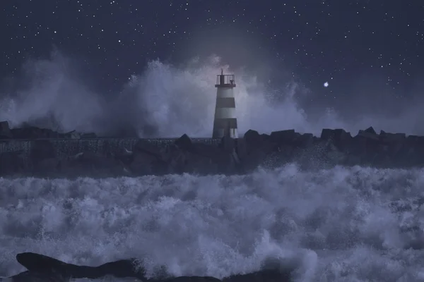 Balise lumineuse dans une mer orageuse la nuit — Photo