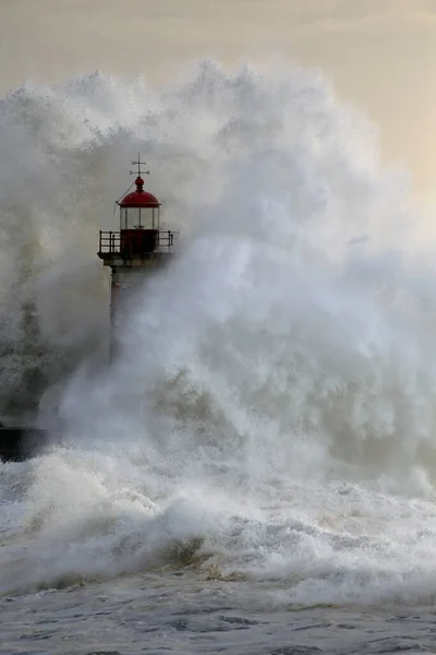 Old Lighthouse Mouth Douro River Storm Sea Sunset — Stock Photo, Image