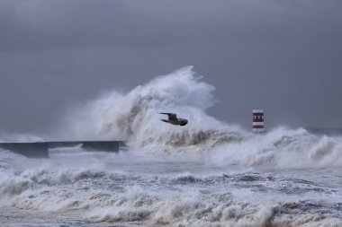 Kuzey rıhtımında Douro Nehri ağzında kış dramatik deniz fırtınası.