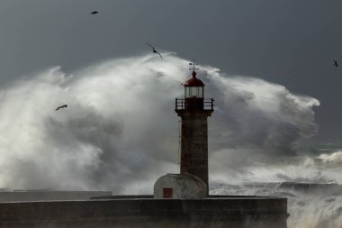 Kara fırtına Douro nehrinin ağzında büyük bir dalganın sıçradığını görüyor. Eski deniz feneri ve rıhtım, Porto, Portekiz..