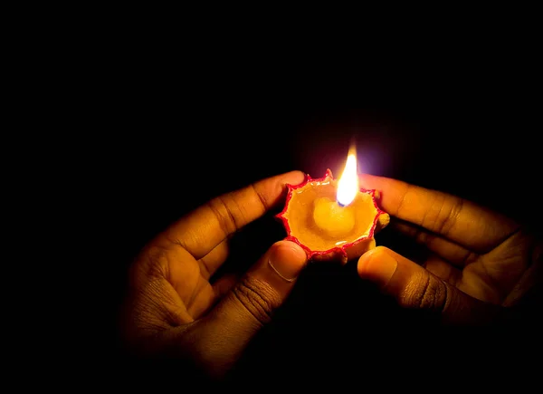 Happy Diwali Close Man Hands Holding Oil Lamp Diya Diwali — Stock Photo, Image