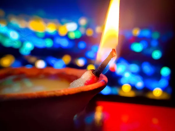 Happy Diwali Beautiful Diya Oil Lamp Lit Diwali Celebration Bokeh — Stock Photo, Image