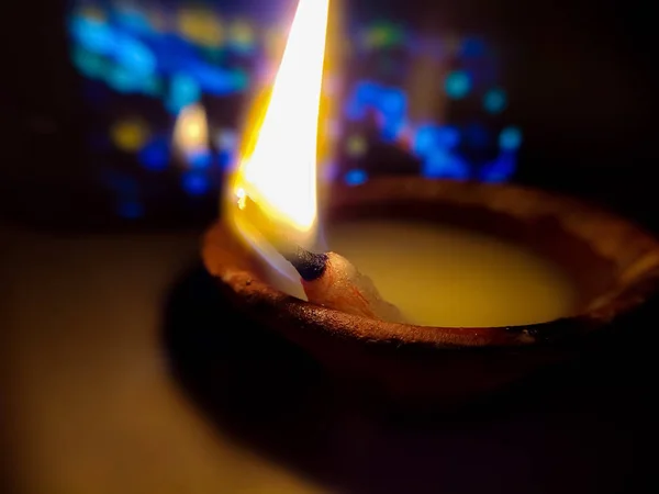 Happy Diwali Beautiful Diya Oil Lamp Lit Diwali Celebration Bokeh — Stock Photo, Image