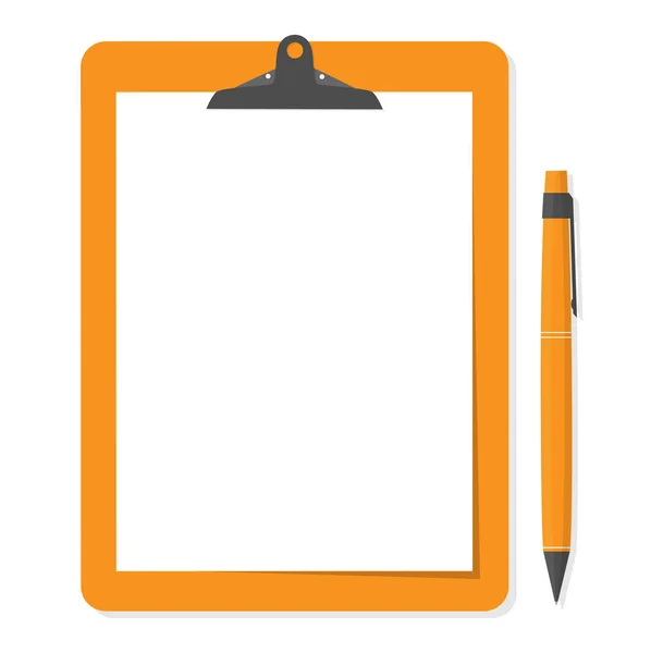 Oranje Klembord met wit papier en pen naast. — Stockvector