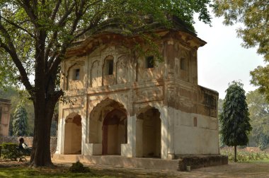 Lodi Garden 'daki Şiş Gumbad Anıtı' nın büyüleyici manzarası ya da sisli bir kış sabahı çimenliğin kenarındaki şehir parkındaki pansiyon bahçeleri..
