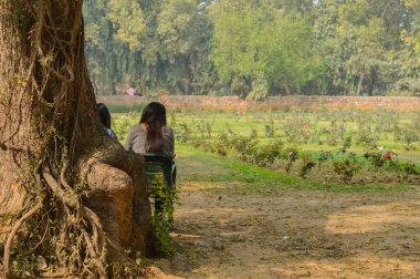 Bir kız, kışın sisli sabahında çimenliğin kenarındaki bir şehir parkındaki bahçelerdeki bankta büyük bir Hint banyan ağacının yanında oturuyor..