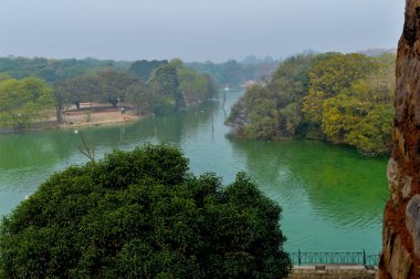 Hauz Khas Gölü 'nün büyüleyici manzarası ve Hauz Khas Kalesi' nden gelen bahçe sisli bir kış sabahı..