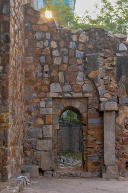 Güneş çarpıcı bir kale manzarası yaratır, sisli bir kış sabahı çimlerin kenarından Hauz Khas Anıtı 'nda anılır..