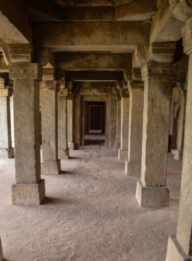 Hauz Khas Gölü 'nün ve Hauz Khas Kalesi' nin bahçesinin büyüleyici manzarası. Kış sabahı sisli bir günde..