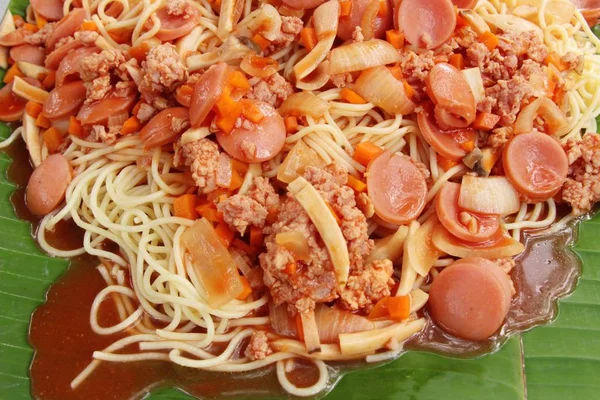 Revuelva Los Espaguetis Picantes Fritos Con Cerdo Delicioso — Foto de Stock