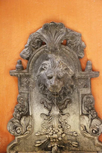Статуя Льва Плюется Водой Винтажный Стиль Саду — стоковое фото