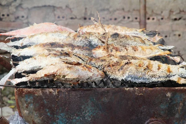 烤鱼在火炉上街头食品 — 图库照片