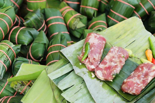 Sour Pork Wrapped Banana Leaves Delicious — Stock Photo, Image