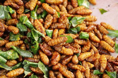 Fried ipek solucanlar sokak gıda lezzetli