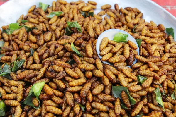 Fried ipek solucanlar sokak gıda lezzetli