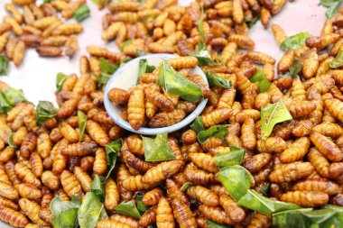 Fried ipek solucanlar sokak gıda lezzetli