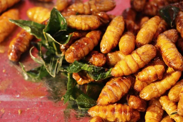 Жареные шелковые черви вкусные в уличной еде — стоковое фото
