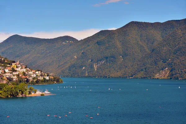 Panorama Del Lago Lugano Ciudad Suiza — Foto de Stock