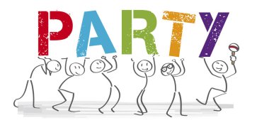 İnsanlar word parti holding, dans grubu ile kart davet. Vektör çizim