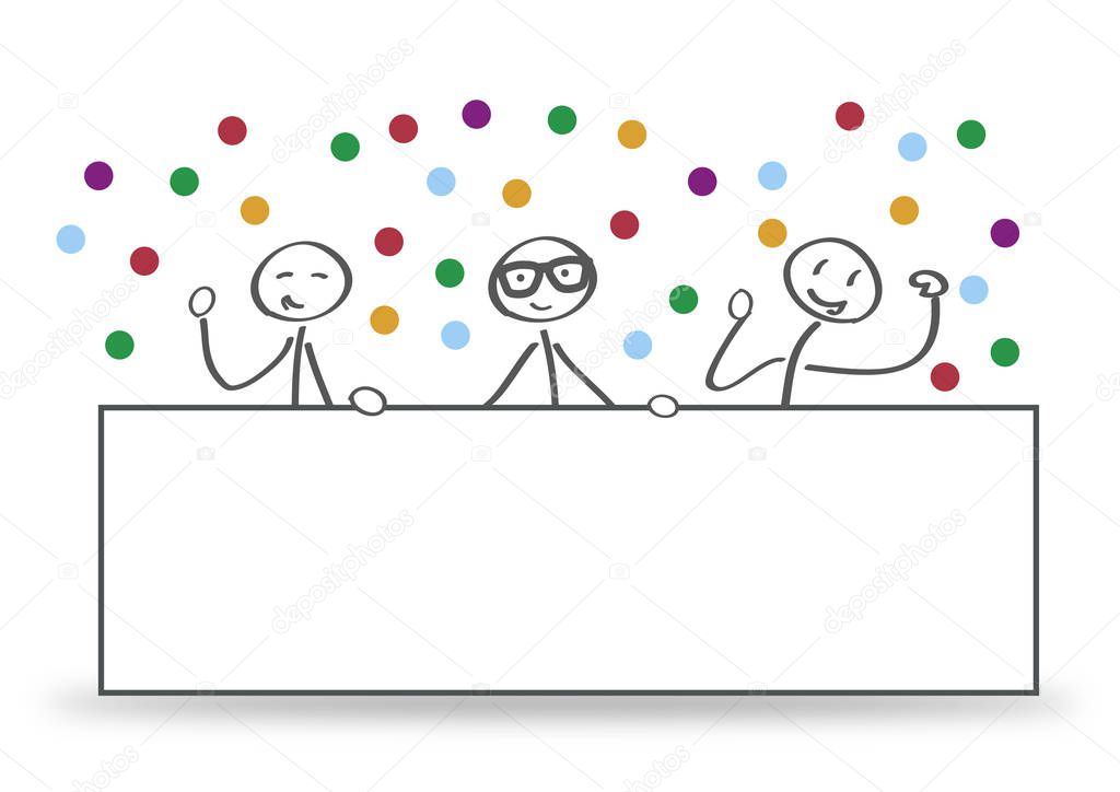 Group presenting empty banner, message greeting. Vector concept background with stick figures