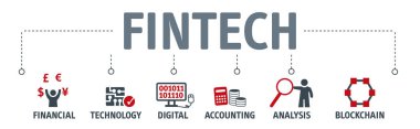 Afiş Fintech Internet kavramı. metin ve yatırım finansal teknoloji vektör simgeleri