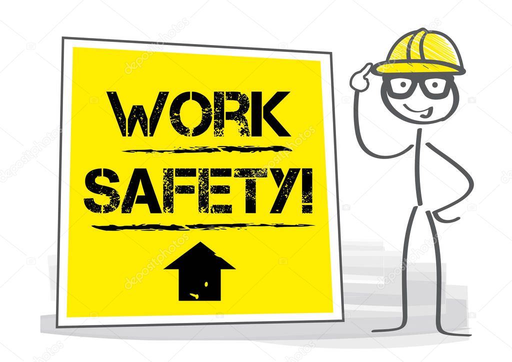work safety - Construction worker repairman with information sign. Vector illustration