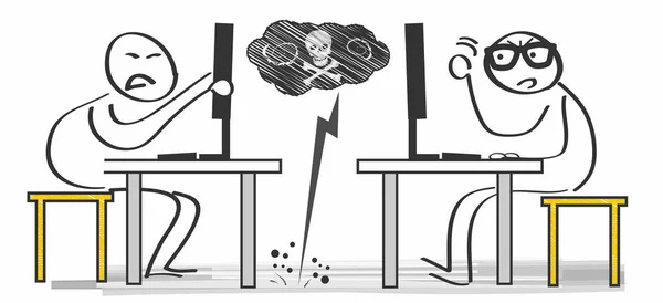 Ofiste Bir Sandalye Üzerinde Oturan Bir Bilgisayarla Iki Kızgın Kişi — Stok Vektör