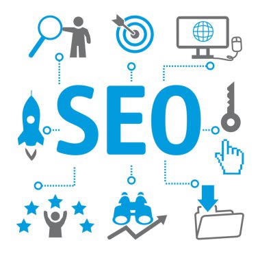 Vektör seo simgeler kümesi. Web ve mobil UI için kullanılacak Evrensel iki renkli seo Icon set temel seo unsurları