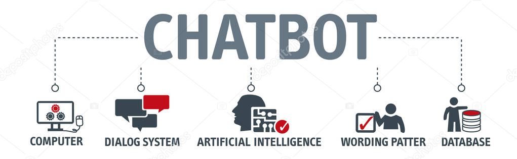 Chatbot banner vector illustration concept. Horizontal business banner template with keywords and icons