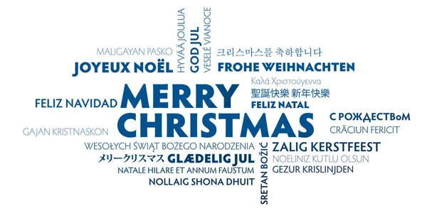 Merry Christmas Word Cloud Different Languages Blue White Greeting Card — Stock Vector
