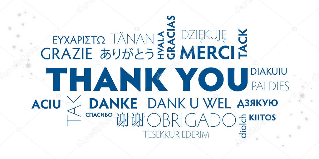 blue and white postcard thank you multilingual - vector illustration concept