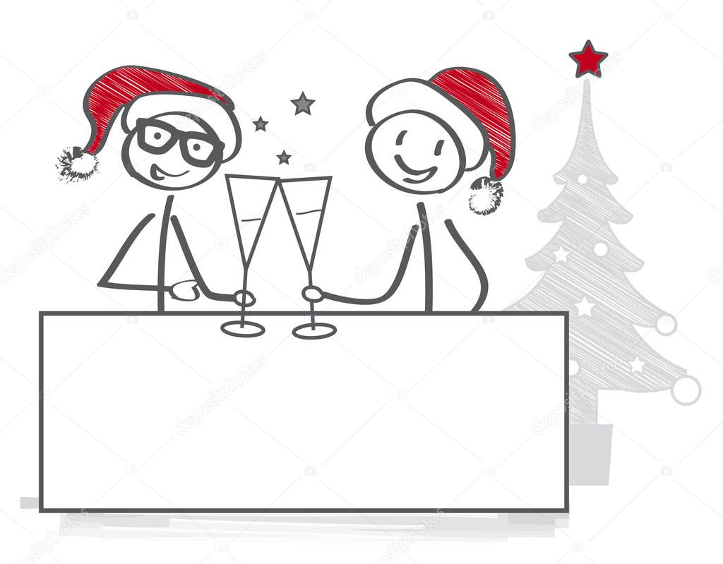 Christmas greeting banner, stickman with santa hat holding blank page
