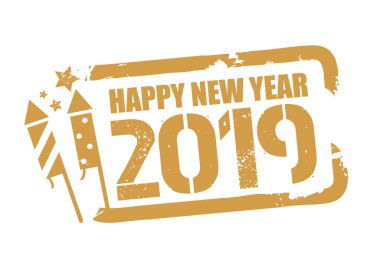 Mutlu yeni yıl 2019. Kompozisyon yazı ile tatil vektör çizim. Grunge lastik damgası şenlikli etiket 