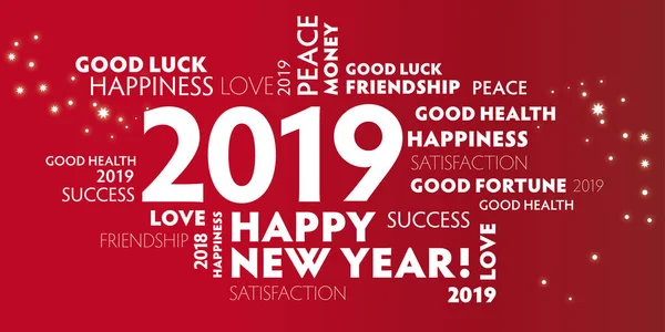Ευτυχισμένο το νέο έτος ευχετήρια κάρτα για το 2019 διανυσματικά εικονογράφηση κόκκινο φόντο — Διανυσματικό Αρχείο