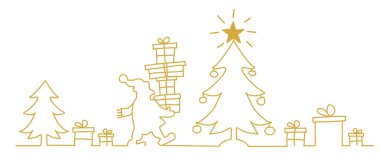 Merry Christmas. Santa Claus near the Christmas tree with gift. Continuous line drawing vector illustration golden colo clipart