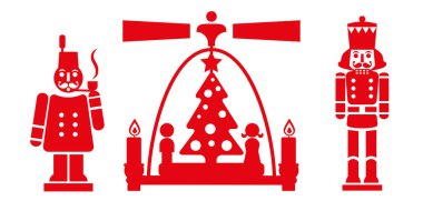 Fındıkkıran, Noel piramidi ve sigara tiryakisi - geleneksel Alman Noel süsleri. Erzgebirge 'den yerel el yapımı heykelcikler. Vektör illüstrasyonu