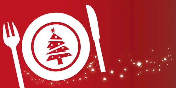 Christmas Dish Composition Červeném Pozadí Třpytivými Hvězdami Pozvánka Vánoční Večeři — Stockový vektor