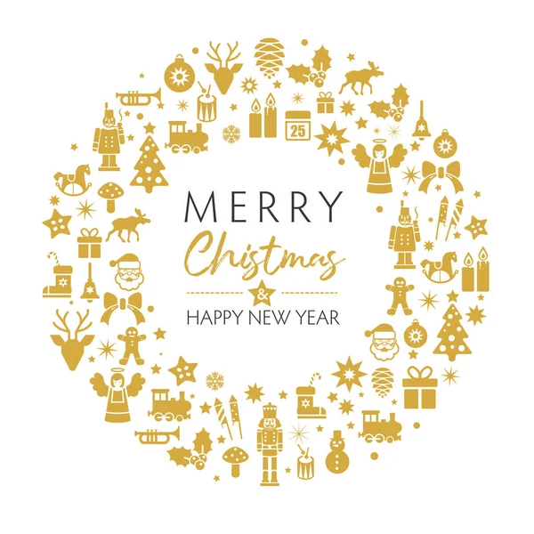 Merry Christmas Happy New Year Greeting Card Golden Christmas Symbols — Stock Vector
