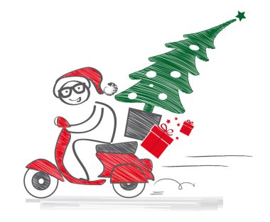 Noel Baba bir moped sürücüler ve Noel ağacı taşır ve sunar
