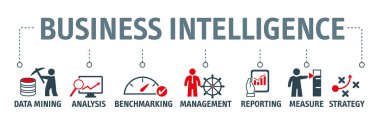Afiş iş karar destek sistemi vektör illüstrasyon kavramı - business Intelligence stratejileri ve Mallarina göre iş bilgileri veri çözümlemesi için kullanılan teknolojiler oluşur