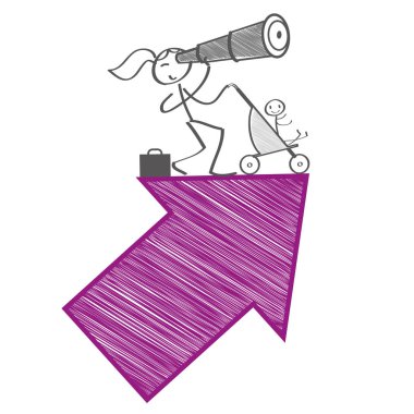 work life balance concept - businesswoman standing on a big arrow with briefcase and baby buggy  clipart