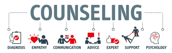 Banner counseling vector illustration concept. Therapy, diagnosis, empathy,  advice and support concept with icons