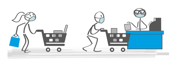 带着面具的顾客在超级市场购物 与社会保持距离 在新的常态下购物 — 图库矢量图片