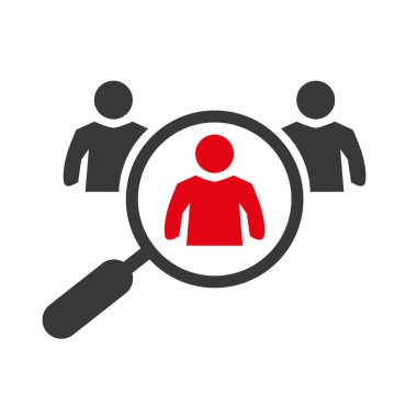 İşe alım sembolü işe alınıyor. Büyüteç ve çalışanların resimli resimleri beyaz arka planda izole edilmiş. Vektör illüstrasyon kavramı