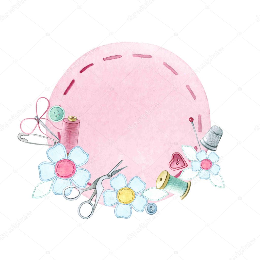 Watercolour logo, sewing, needle, pin, scissors, thread, buttons, thimble