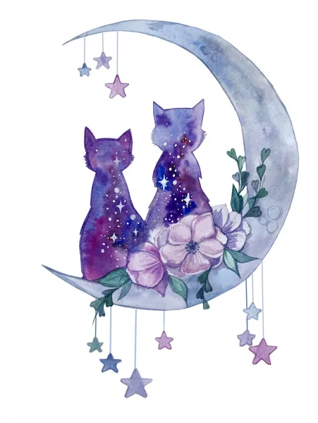 watercolour cats on the moon